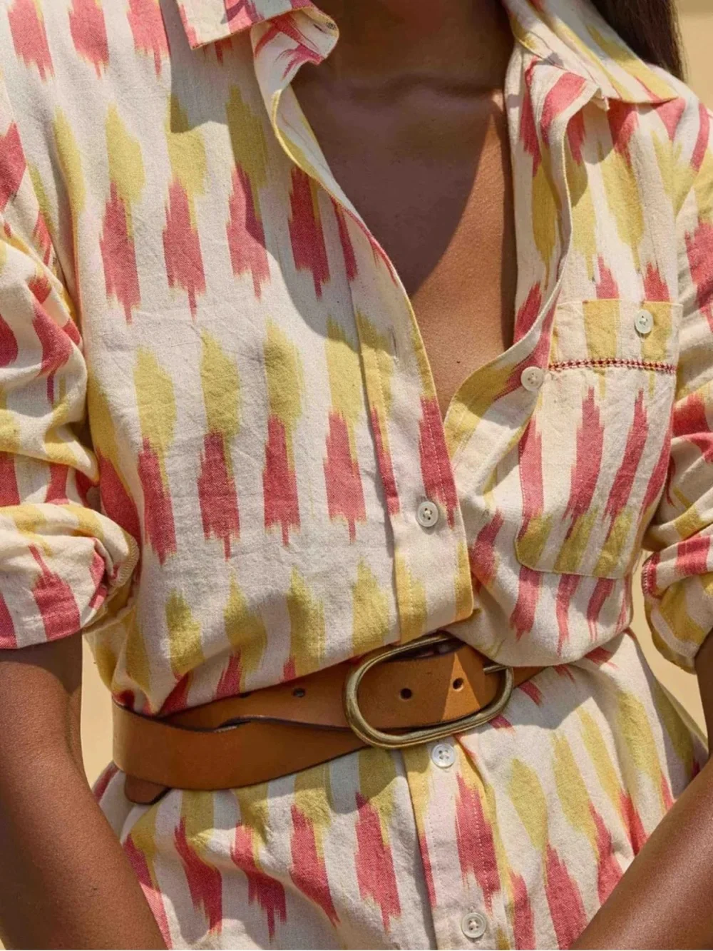 Lilla P Shirt Dress Taffy Ikat Vibrant Pink & Orange On Cream Background Sz S